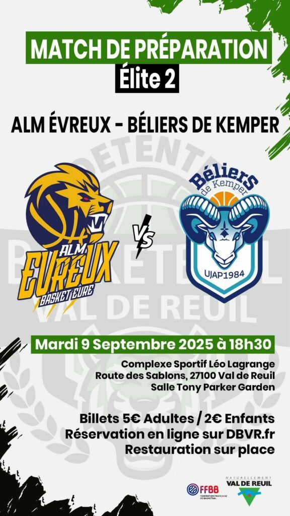 Mardi 9 Septembre 2025 à 18h30, L’ALM EVREUX affrontera LES BÉLIERS DE KEMPER (QUIMPER) lors d’un match de préparation avant le début du championnat Élite 2 au Complexe Sportif Léo Lagrange à Val-De-Reuil !