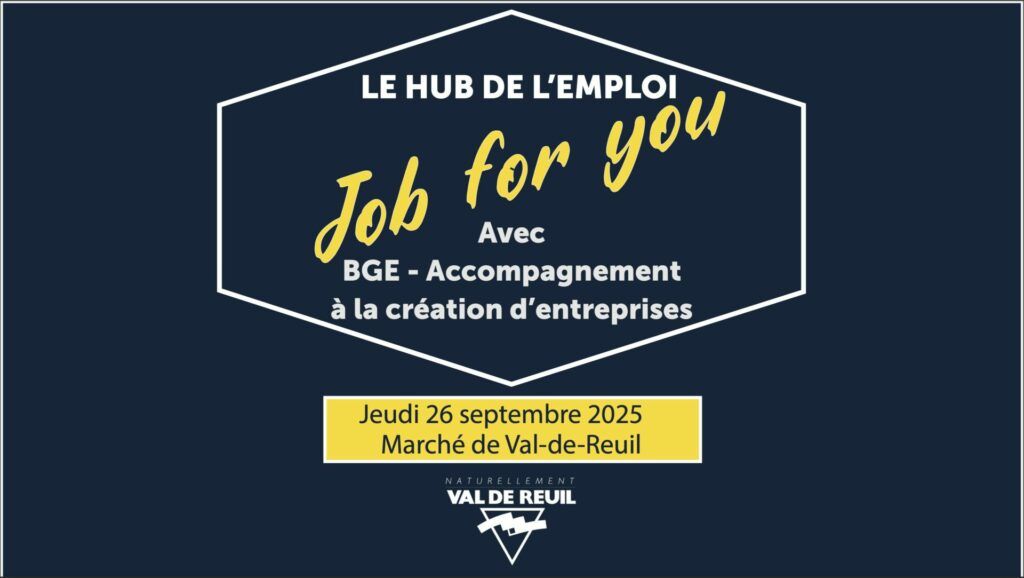 Le jeudi 26 septembre 2025 de 13h30 à 16h30, rendez-vous au marché de Val-de-Reuil (Place des Quatre Saisons) pour une nouvelle session de Job for you proposée par le Hub de l’emploi de Val-de-Reuil