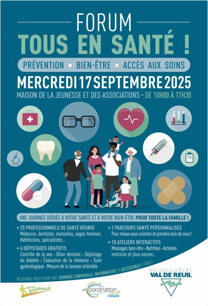 La Ville de Val-de-Reuil et l'Espace de Vie Sociale Épireuil organise un forum santé " Tous en santé ", mercredi 17 Septembre, de 10h à 17h30 à la Maison de la Jeunesse et des Associations (place des chalands, 27100 Val-de-Reuil)