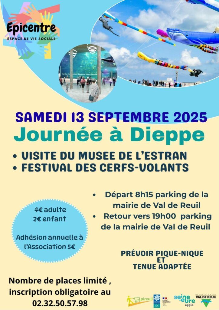 Le comité des habitants de l'Espace de Vie Sociale Épicentre a le plaisir de vous proposer une sortie exceptionnelle au Festival International de Cerf-Volant de Dieppe, un événement haut en couleur qui émerveille petits et grands ainsi qu'une visite du musée de l'Estran.
