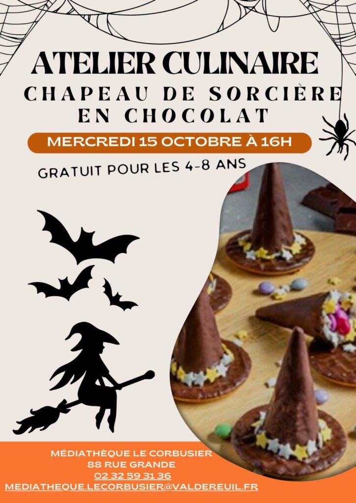 Mercredi 15 octobre à 16h, la médiathèque Le Corbusier se met aux couleurs d’Halloween avec un atelier gourmand ! Les enfants sont invités à enfiler leur tablier pour réaliser un délicieux chapeau de sorcière en chocolat, guidés par Stéphane.
