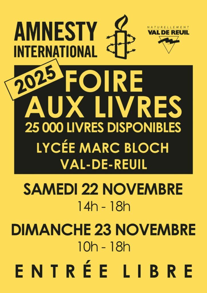 L'antenne de Louviers de l'association Amnesty International organise sa Foire aux livres annuelle le samedi 22 novembre de 14 à 18h et le dimanche 23 novembre de 10h à 18h au lycée Marc Bloch.