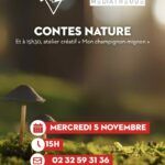 Mercredi 5 novembre, la médiathèque Le Corbusier de Val-de-Reuil vous invite à un après-midi nature : à 15h, laissez-vous emporter par des contes inspirés de la nature, puis à 15h30, participez à un atelier créatif “Mon champignon-mignon”.