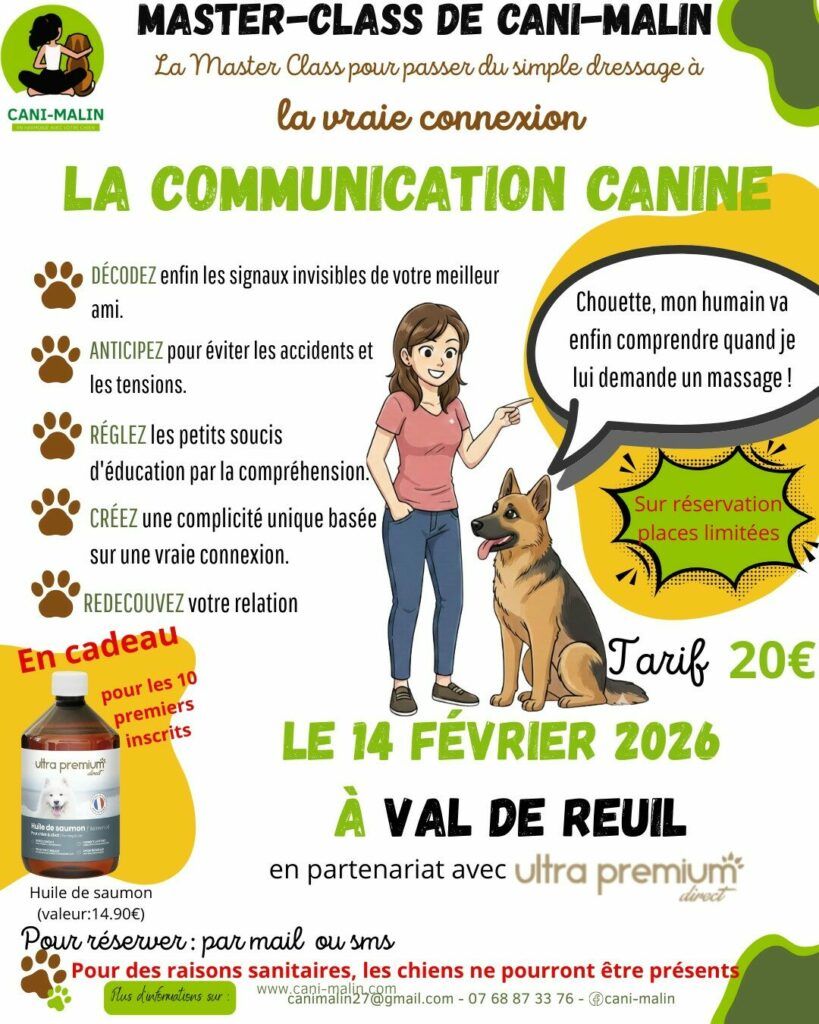Cani Malin organise une master class sur la communication canine , samedi 14 février 2026 de 9h à 12h à la salle la rencontre