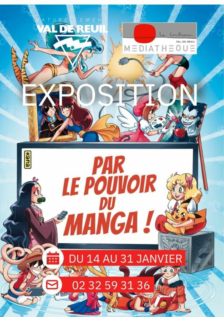 Du 14 au 31 Janvier, la Médiathèque Le Corbusier vous propose de venir découvrir une exposition "Par le Pouvoir du Manga !" sur les horaires d'ouverture de la médiathèque.