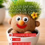 Mercredi 18 mars à 16h, les bibliothécaires de la médiathèque le Corbusier de Val-de-Reuil vous proposent un atelier création de figurine en Cheveux Gazon.