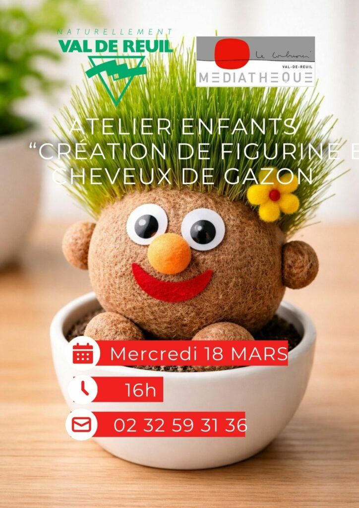 Mercredi 18 mars à 16h, les bibliothécaires de la médiathèque le Corbusier de Val-de-Reuil vous proposent un atelier création de figurine en Cheveux Gazon.