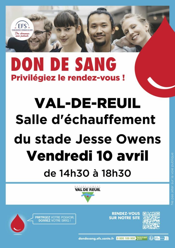 La prochaine collecte de sang, organisée par l’Établissement Français du Sang (EFS) se déroulera vendredi 10 avril, de 14h30 à 18h30, au Stade Jesse Owens de Val-de-Reuil.