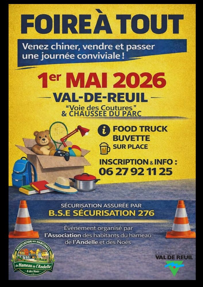 L'association des habitants du hameau de l'Andelle et des Noés organise un foire à tout, vendredi 1er mai de 6h à 17h30 entre la voie des Couture et la Chaussée du Parc.