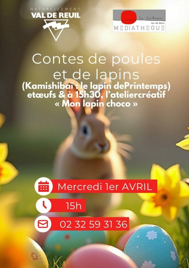 Les bibliothécaires de la médiathèque Le Corbusier vous proposent le mercredi 1er avril à 15h, des contes de poules, d'oeufs et de lapins. + un kamishibaï "le lapin de printemps"et à 15h30, un atelier créatif.