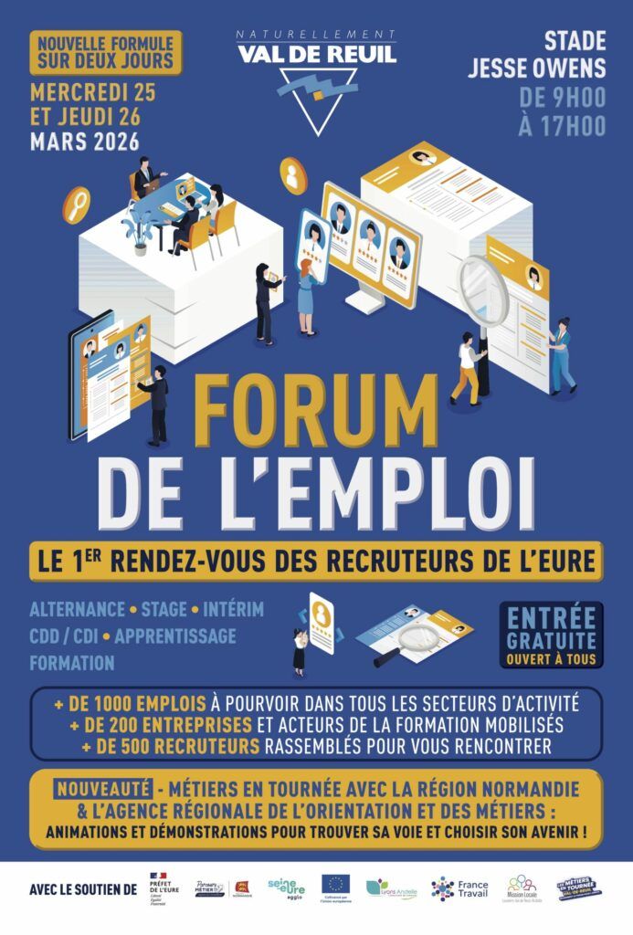 Le forum de l'emploi revient sur le devant de la scène, mercredi 25 et jeudi 26 mars 2026, de 9h00 à 12h30 et de 13h30 à 17h00, au Stade Jesse Owens de Val-de-Reuil.
