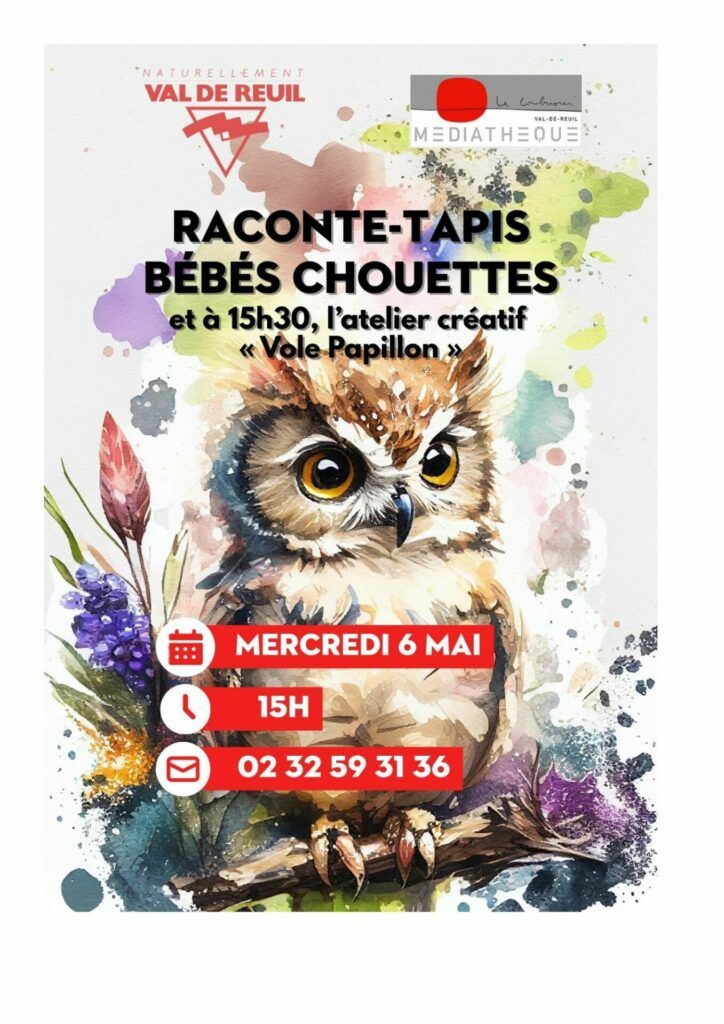 Mercredi 6 Mai à 15h, une bibliothécaire de la médiathèque Le Corbusier vous fera découvrir le Raconte-tapis "Bébés chouettes" en lien avec l'exposition "Observons les oiseaux".