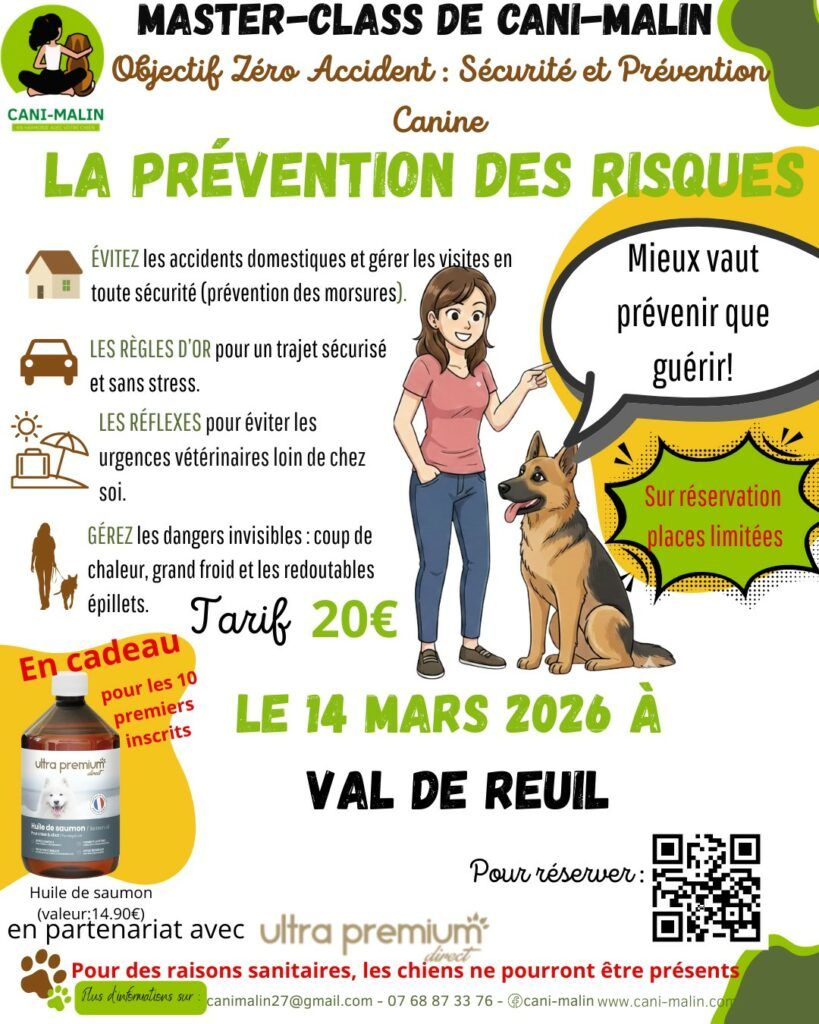 Cani-Malin organise une masterclass autour de la prévention des risques chez le chien, samedi 14 mars de 9h à 12h à la salle "la Rencontre" (48 rue Traversière, 27100 Val-de-Reuil)
