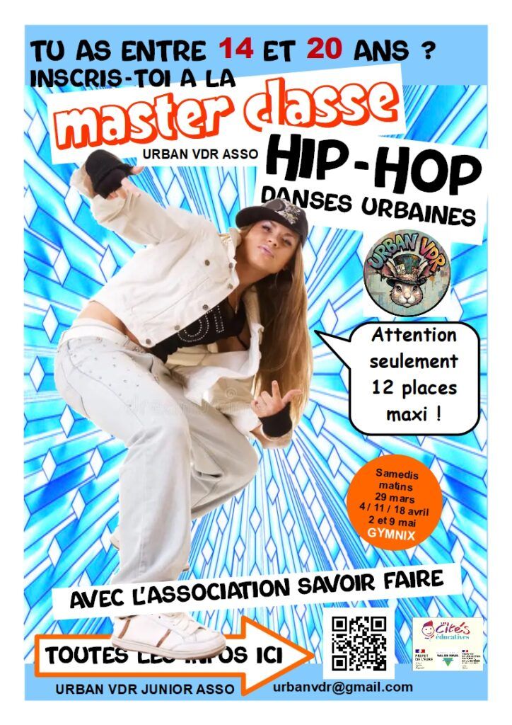 Les associations la laverie et Urban VDR proposent aux jeunes de 14 à 20 ans une master classe hip-hop, danses urbaines avec l'association Savoir Faire au complexe gymnique (Gymnix, chaussée de Ritterhude, 27100 Val-de-Reuil) samedi 28 mars de 10h à 12h.