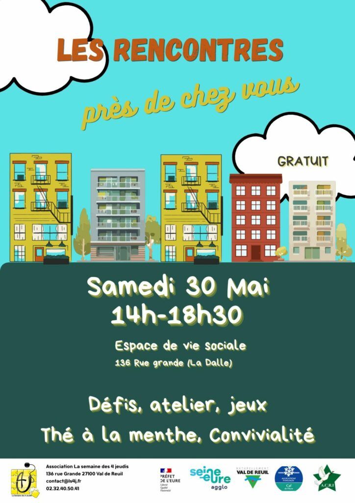 Samedi 30 mai de 14h00 à 18h30, l'espace de vie sociale de Val-de-Reuil organise un évènement festif dans votre quartier sur la dalle, c'est l'occasion de se rencontrer et de partager un moment convivial entre amis, en famille ou encore avec vos voisins.