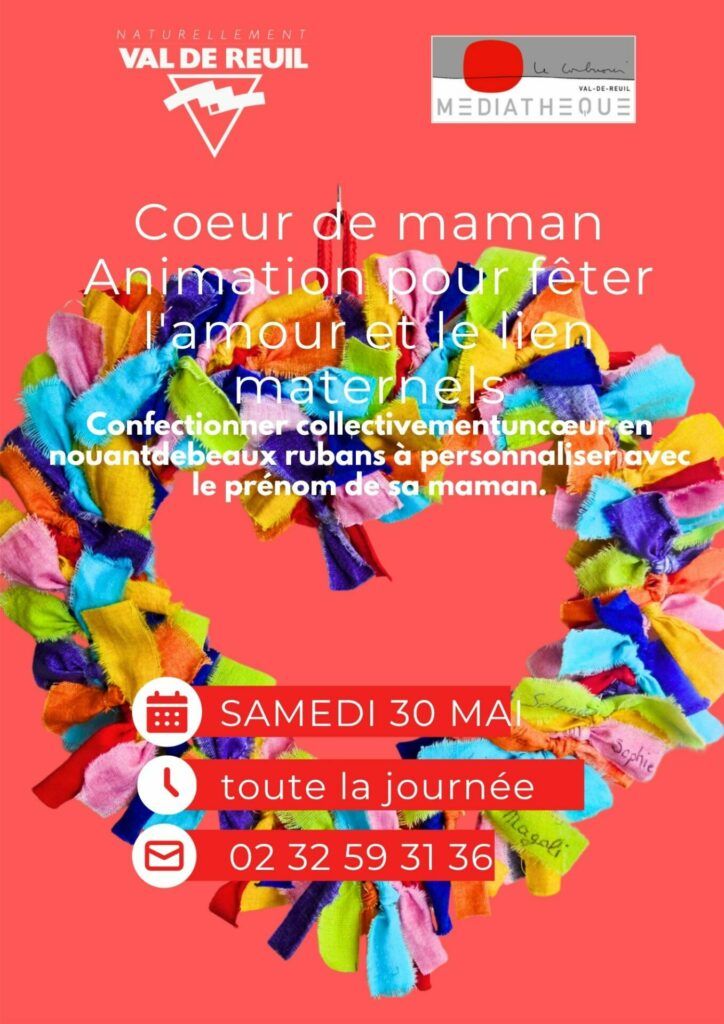Dimanche 31 mai, c'est la Fête des Mamans, à cette occasion la médiathèque vous propose toute la journée du samedi 30 mai, de venir confectionner collectivement un coeur, en nouant de jolis rubans avec le prénom de votre maman.