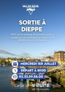 Le pôle Seniors du CCAS de Val-de-Reuil vous invite à prendre le large, mercredi 1er juillet 2026 ! Profitez d'une belle journée d'été en Normandie lors d'une sortie collective à Dieppe.