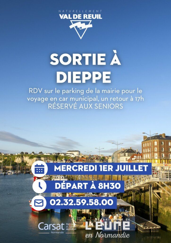 Le pôle Seniors du CCAS de Val-de-Reuil vous invite à prendre le large, mercredi 1er juillet 2026 ! Profitez d'une belle journée d'été en Normandie lors d'une sortie collective à Dieppe.