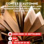 Lecture de contes mercredi 23 septembre de 15h à 16h à la médiathèque Le Corbusier.