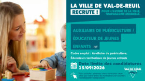 La Ville de Val-de-Reuil recrute un auxiliaire de puériculture crèche (H/F) / Éducateur de Jeunes Enfants (H/F).