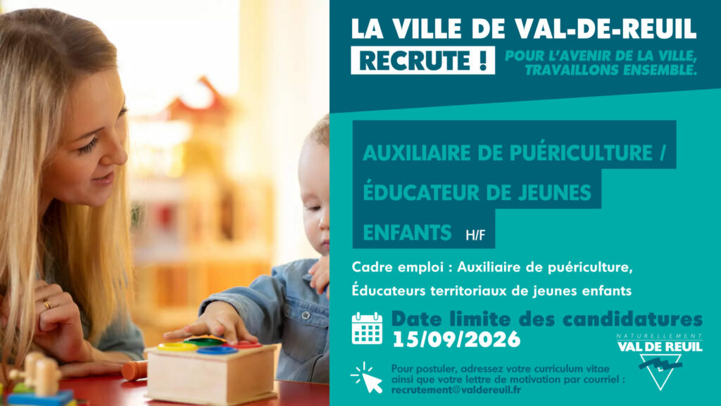La Ville de Val-de-Reuil recrute un auxiliaire de puériculture crèche (H/F) / Éducateur de Jeunes Enfants (H/F).