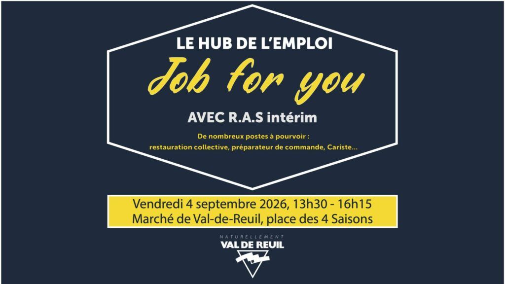 Venez à la rencontre du Hub de l'emploi et de l'agence R.A.S INTÉRIM pour être au plus près des Rolivalois. En plein air sur le marché de Val-de-Reuil (place des quatre saisons) ! LE 04 SEPTEMBRE 2026 de 13h30 à 16h15.