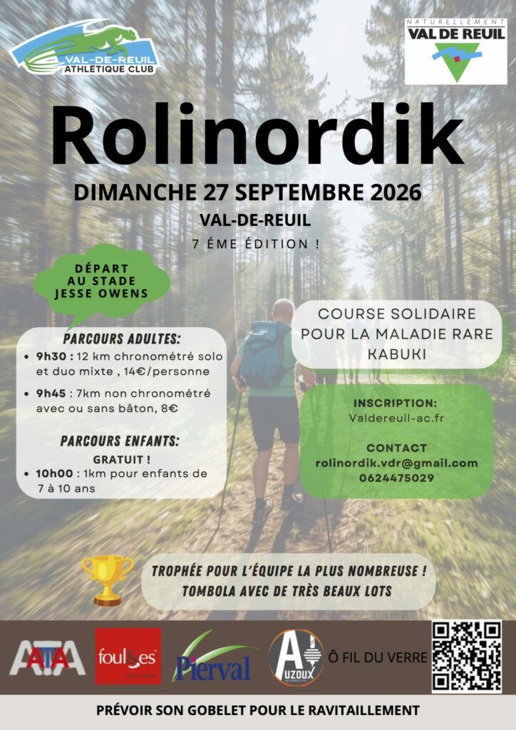 Les inscriptions pour la Rolinordik 2026 sont officiellement ouvertes ! Rendez-vous le dimanche 27 septembre 2026 à Val-de-Reuil au stade Jesse Owens pour une nouvelle édition placée sous le signe du sport, du partage et de la convivialité.