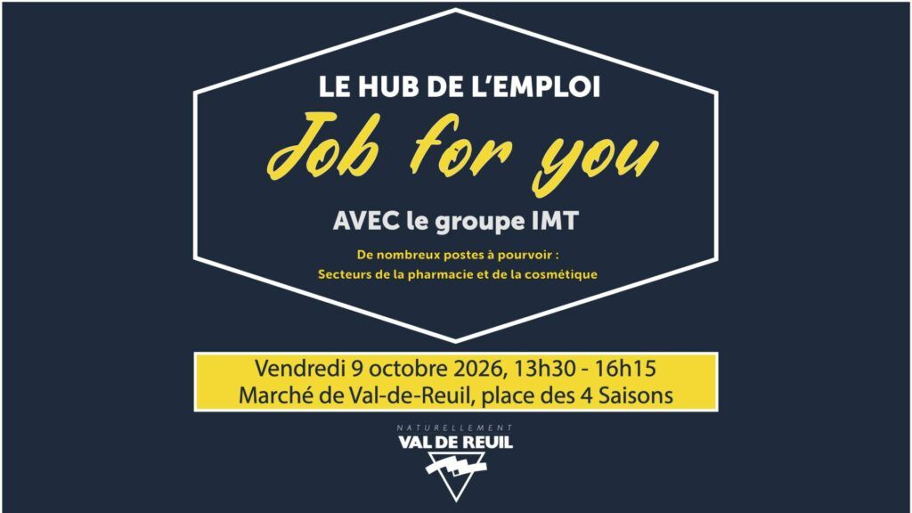 Le vendredi 09 Octobre 2026 de 13h30 à 16h15, rendez-vous au marché de Val-de-Reuil (Place des Quatre Saisons) pour une nouvelle session de Job for you organisée par le Hub de l’emploi de Val-de-Reuil !