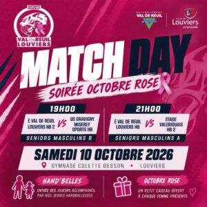 Venez nombreux partager le suspens et vibrer avec nous durant des matchs de handball des équipes phare du Club de l'entente Val de Reuil - Louviers, à travers les 2 matchs des équipes séniors masculines ce samedi 10 octobre 2026 au gymnase Collette Besson de Louviers.