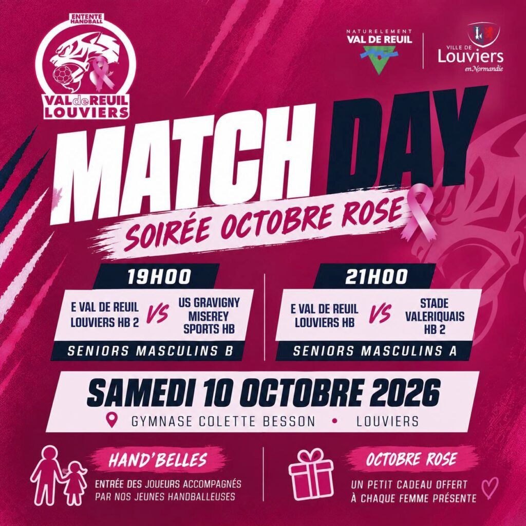 Venez nombreux partager le suspens et vibrer avec nous durant des matchs de handball des équipes phare du Club de l'entente Val de Reuil - Louviers, à travers les 2 matchs des équipes séniors masculines ce samedi 10 octobre 2026 au gymnase Collette Besson de Louviers.