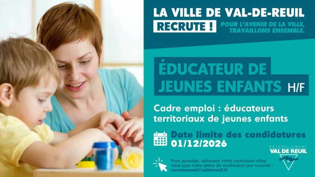 La Ville de Val-de-Reuil recrute un éducateur de jeunes enfants (H/F).