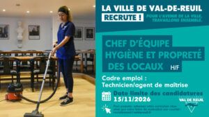 La Ville de Val-de-Reuil recrute un chef d'équipe hygiène et propreté des locaux (H/F).
