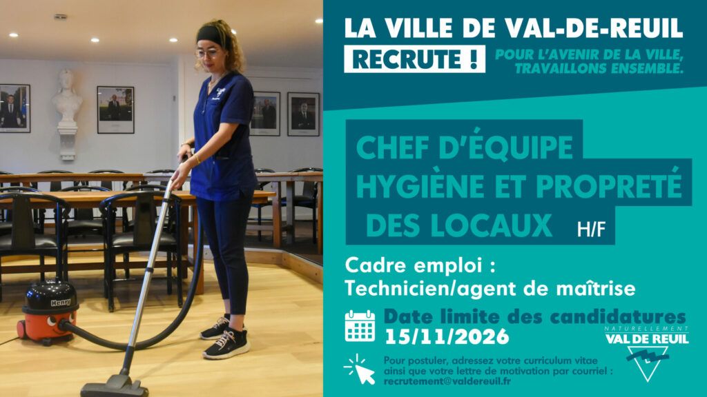 La Ville de Val-de-Reuil recrute un chef d'équipe hygiène et propreté des locaux (H/F).