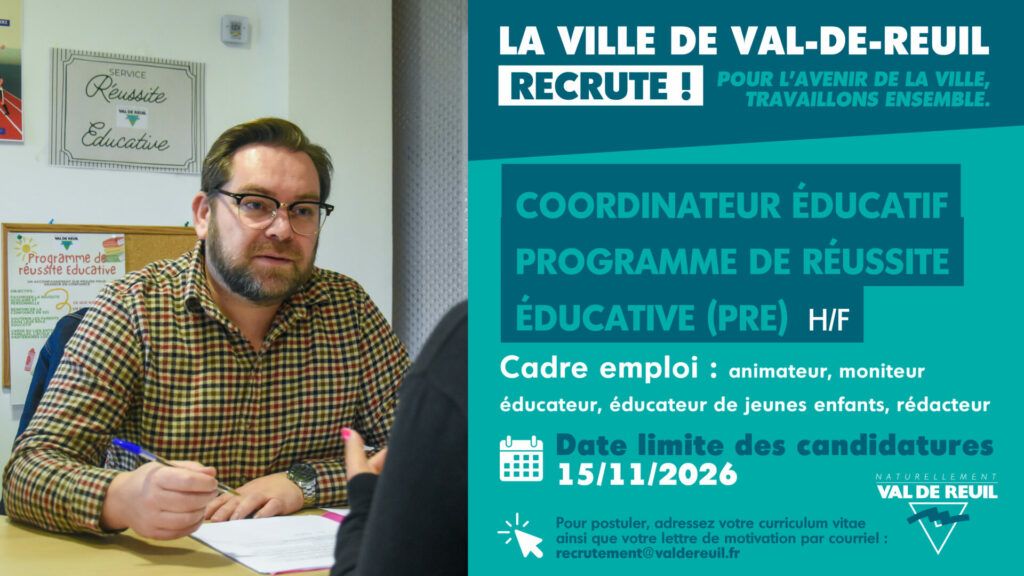 La Ville de Val-de-Reuil recrute un Coordinateur éducatif - Programme de réussite éducative (PRE) (H/F).
